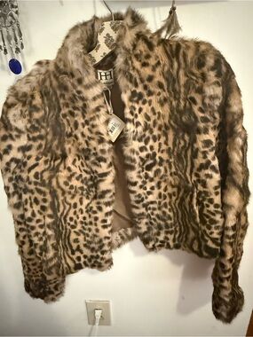 NWT Haute Hippie Leopard Bunny Rabbit Fur Jacket M $1295 Boho Mob Wife Cropped
